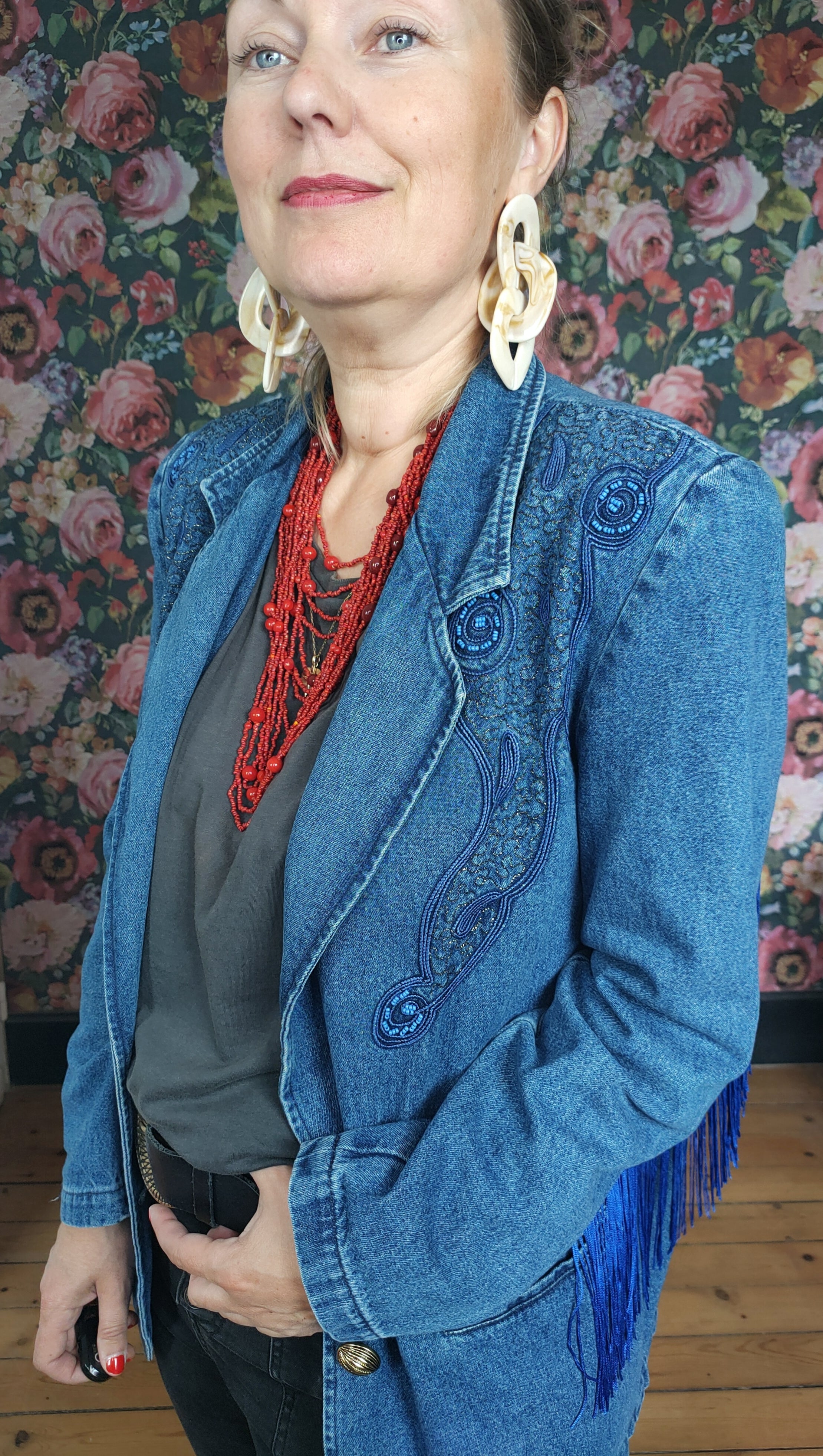 Blazer jean broderie et franges bleues