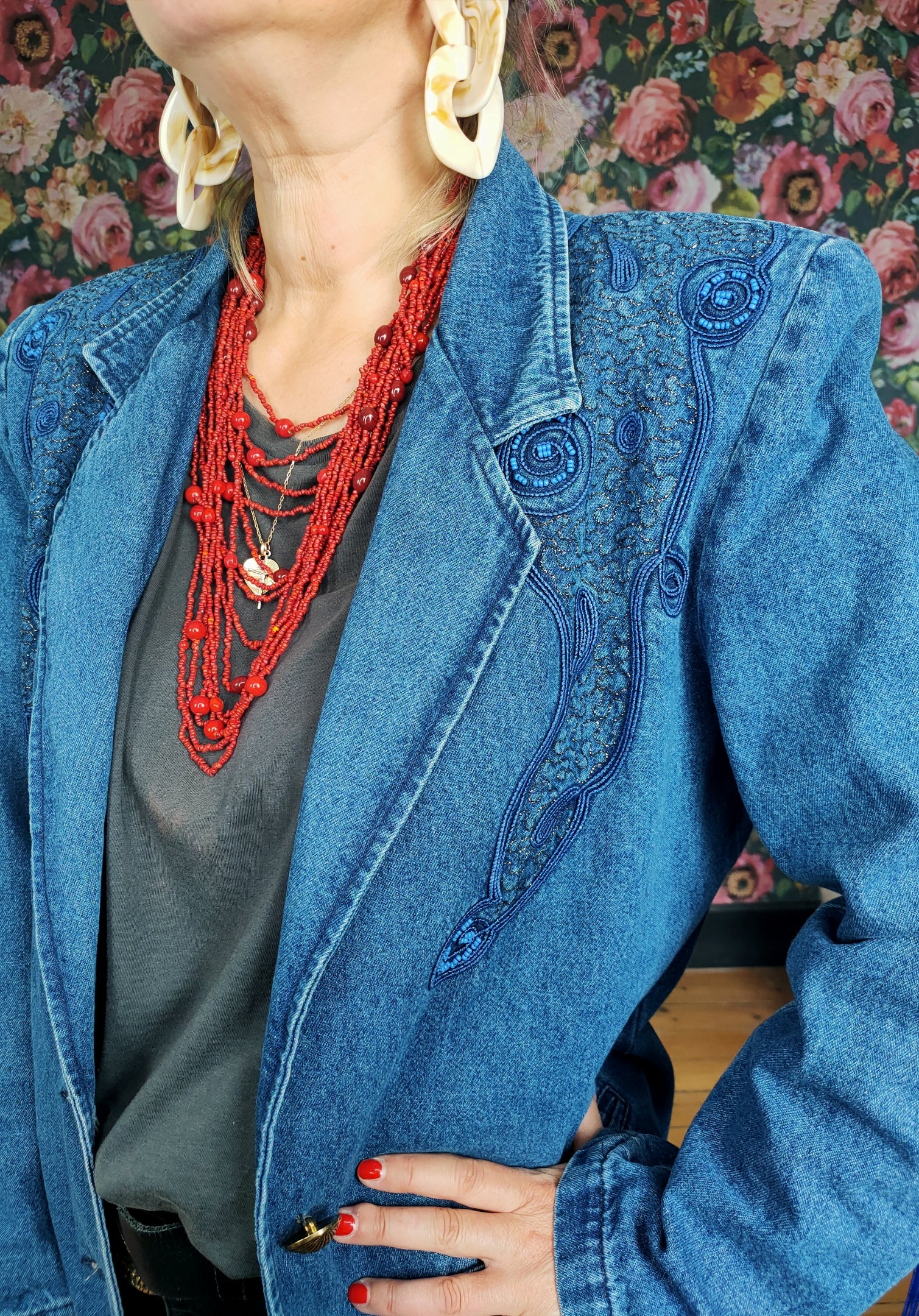 Blazer jean broderie et franges bleues